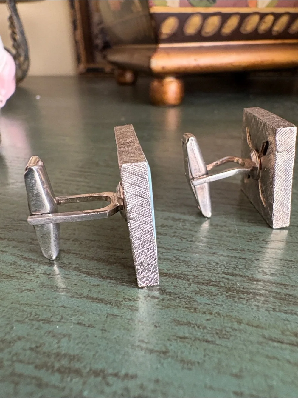 Vintage Sterling Silver Genuine Opal Mosaic Square Cufflinks Estate Jewelry